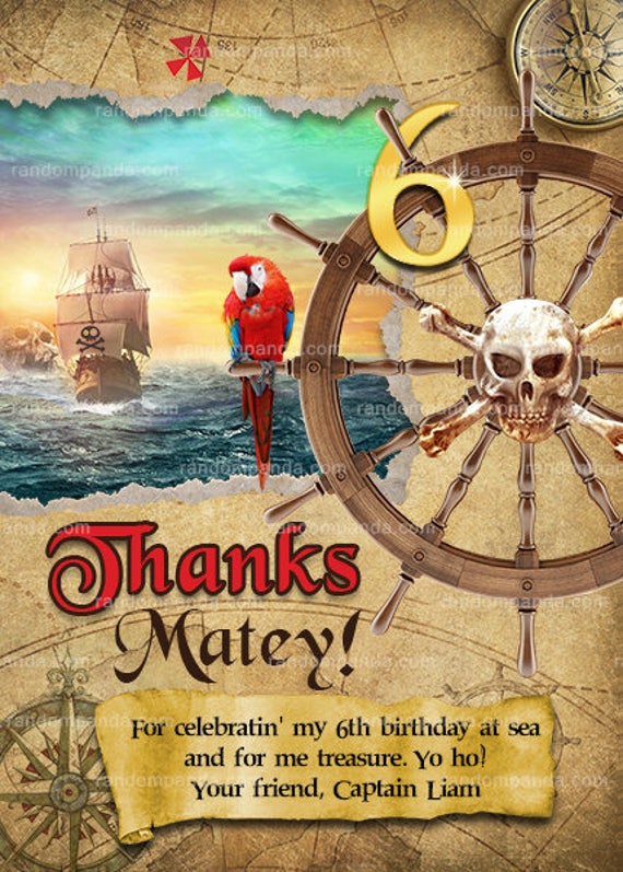 Pirate Thank You Card Pirate Party Pirate Ship Birthday Thanks Note 