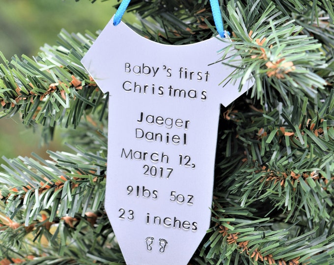 Baby's first christmas ornament, personalized baby ornament, custom baby onesie ornament, christmas ornament baby stats, first christmas