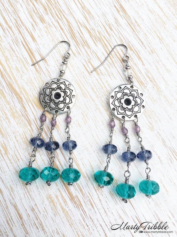 Silver Mandala Earrings Blue Turquoise Purple Earring Pastel