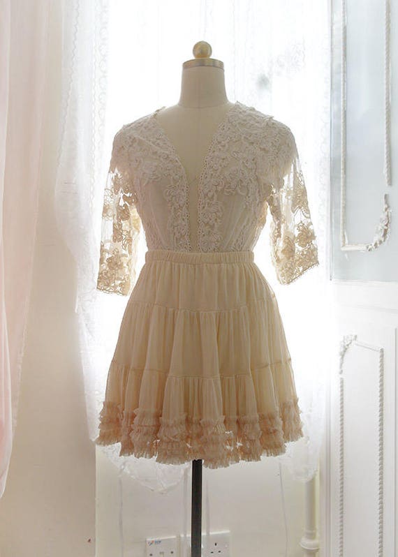 Romantic beige ivory lace skirt tutu tulle pleated mini skirt