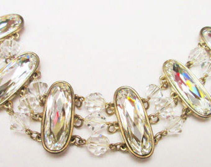 Wide Crystal Bracelet - facet cut oval crystals -gold tone setting - glass beads Vintage - wedding bride