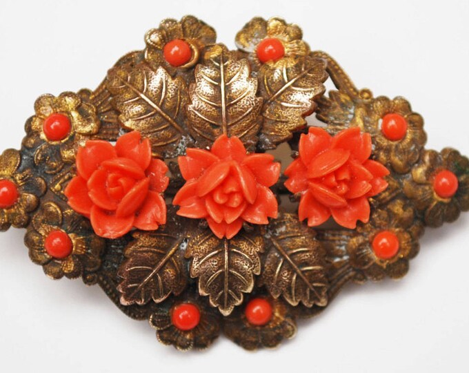 Coral celluloid flower Brooch - Golden Brass - leaf - Art Nouveau Pin