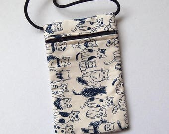Pouch Zip Bag CAT Fabric - great for walkers, markets, travel. Cell Phone Pouch. Small fabric Purse. Blue cats on cream. 6.75" x 4"
