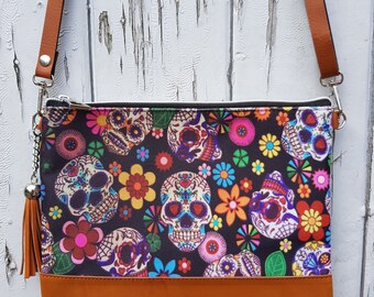 Candy Skull & Flower Handbag - Mexican Skeleton Sugar Day of the Dead Bag Brown