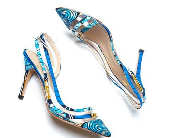 African Fabric Shoes, African Print Shoes, Blue Bridal Heels, high heels, African print stylish pumps, African shoes, ankara shoes, L'aviye