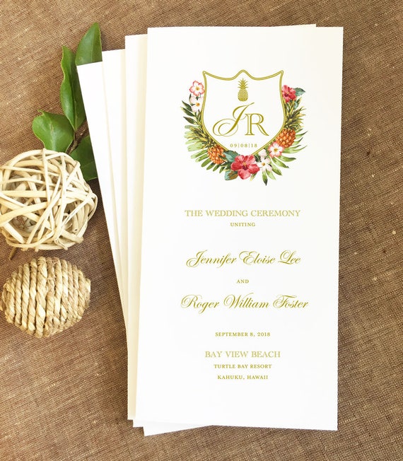 Folded Tropical Pineapple Crest Wedding Program Hibiscus
