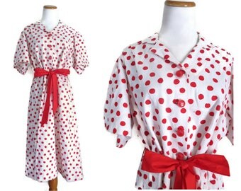 Plus Size Dress Polka Dot Day Dress Red & White Shirtdress Shirtwaist 1960s 60s Rockabilly Retro Belted 1X
