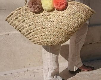 Straw bag wicker bag straw tote moroccan basket straw basket moroccan basket bag beach bag beach basket, pom pom bag, summer bag basket tote