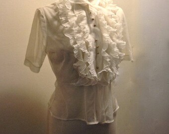 Vintage 1930's Sheer Delicate Ruffled Pussy Bow Pearl Button Blouse Medium