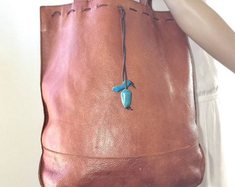 J. Jill Large Brown Leather Tote, Purse, Shoulder Bag, Turquoise Stones, Boho Bag