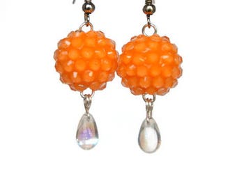 Neon Orange Earrings with Rhinestone Beads