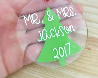 Our first christmas ornament - Personalized Ornament - first christmas married - newlywed christmas gift - acrylic ornament - vinyl decal