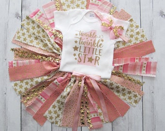 Twinkle Twinkle Little Star First Birthday Outfit with Pink and Gold Fabric Tutu- star headband, girl first birthday outfit, pink gold tutu