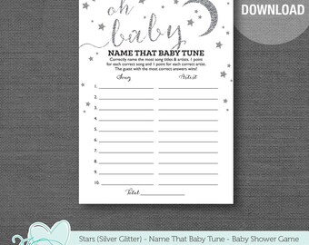 Stars Silver Glitter Name That Baby Tune Baby Shower Game Printable, Instant Download, Baby Song Game, Moon, Twinkle Twinkle, 5S