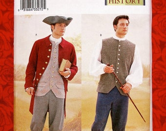 Butterick Sewing Pattern 3072 Men's Historical Costumes, 1700's Georgian Colonial, Sizes 32 34 36, Coat Vest Shirt Pants, Tricorn Hat, UNCUT