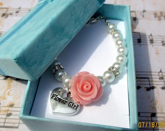 Flower girl bracelet-Flower girl gift-childrens pearl bracelet-little girls-wedding jewelry-Pink flower jewelry-girls wedding-toddlers pearl