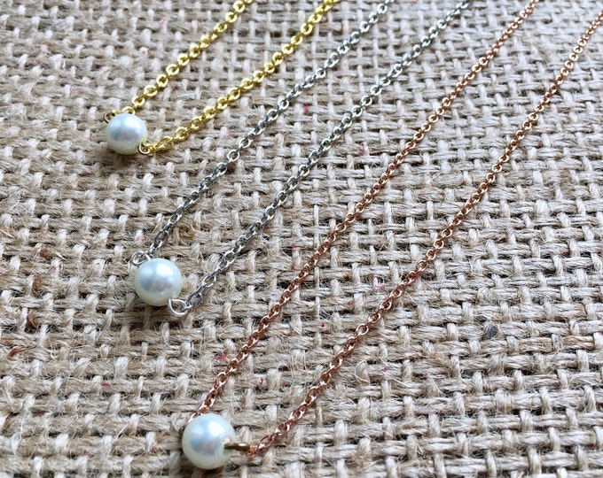 Pearl Necklace, 8mm Pearl Necklace, Single Pearl Pendant, Pearl Bar Necklace, Rose Gold Necklace, Gold Pearl Necklace, Bridesmaid Necklace