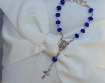 Dark blue crystal one decade car rosary with Miraculous Medal center
