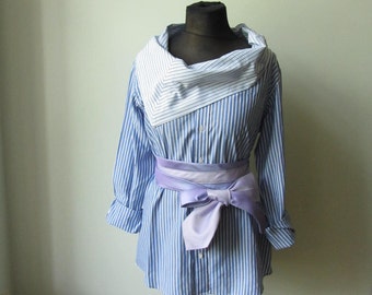 Blue and White Striped Shirt with Necktie Belt, Refashioned Mens Shirt, Cowl Neck Tunic, Upcycled Clothing, Recycled Boyfriend Shirt