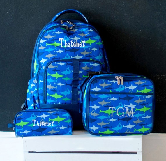 Monogrammed Boys Shark Backpack Matching Lunch box and Pencil