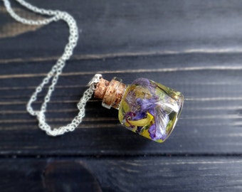 Spring forest pressed flower necklace gift for best friend jewelry resin yellow purple glass pendant bottle necklace wild witch violet petal