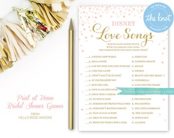Pink and Gold Bridal Shower Games . Disney Love Songs Bridal Shower Game . Printable Instant Download . Gold Glitter Pink Confetti Hearts