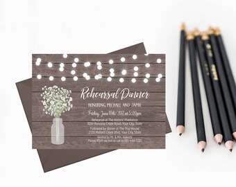 Rustic Rehearsal Dinner Invitation Printable Babys Breath Wedding Invite Wood String Rustic Rehearsal Dinner Invitation Printable Babys Breath Wedding Invite Wood String