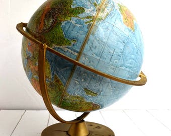 Large Vintage French Geographical World Globe Map Desk Office Mid Century Globe Terrestre Stereo Relief Scan Globe Replogle 1960s