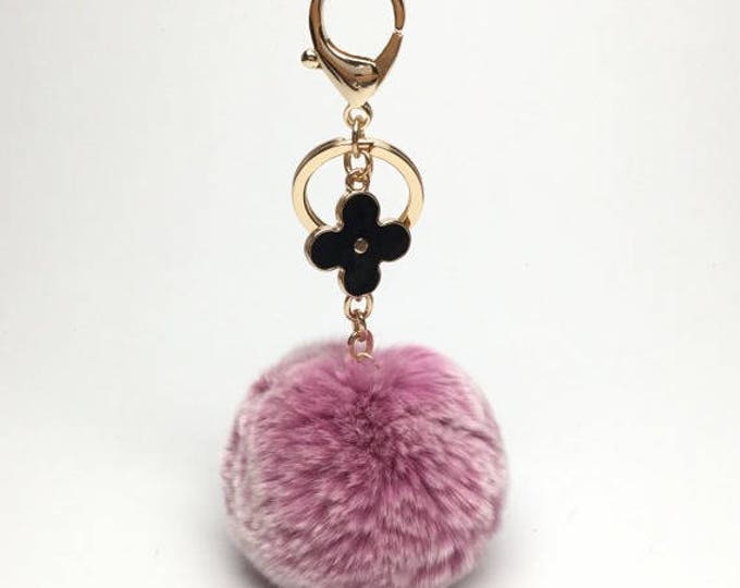 Light Purple Frost fur pom pom keychain REX Rabbit fur pom pom ball with flower bag charm