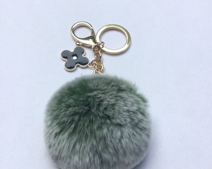 Pom-Perfect Green frosted REX Rabbit fur pom pom ball with black flower keychain