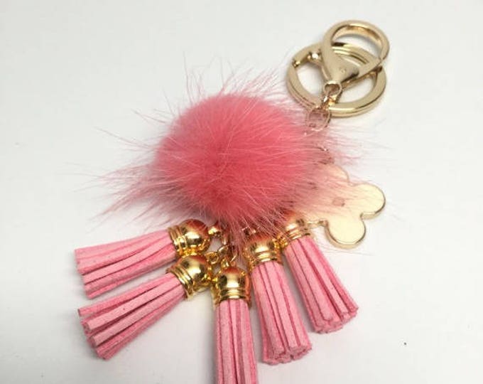 Cute Genuine Mink Fur Pom Pom Keychain with suede tassels and flower charm in Baby Pink
