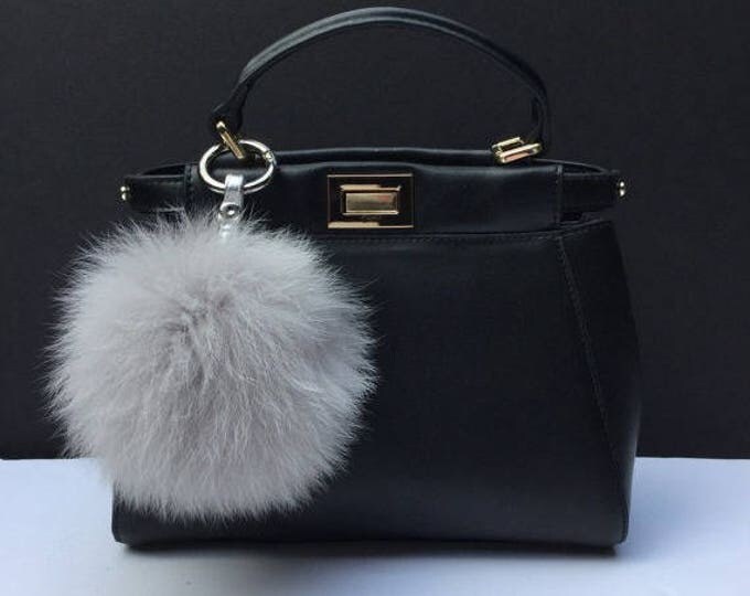 Fox Fur bag charm, fur pom pom keychain, fur ball keyring purse pendant light grey