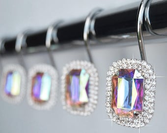 Shower Curtain Hooks Rings - Luxurious Multi Color Rainbow Iridescent Decorative Crystal Diamond Bling Rhinestone Bathroom Set