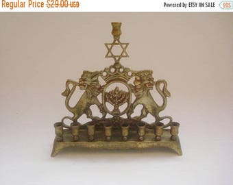 ON SALE NOW Hanukkah Menorah lamp Vintage brass lions candle holder Israel Judaica Jewish bronze