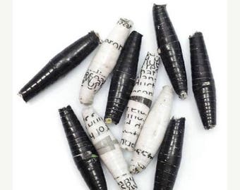 SALE 10% OFF Paper beads long, black and white, 23 mm, 10 pieces, paper recycled, recyling