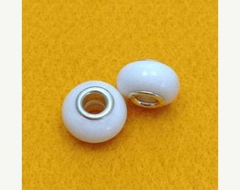 SALE 15% OFF Bone, white 2 large hole beads, 14 mm, 2 pieces, bone beads, large hole, big hole, beads, bone, round, white, silver