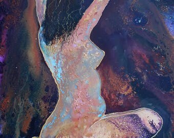painting of a female nude with arms raised, beige, Brown