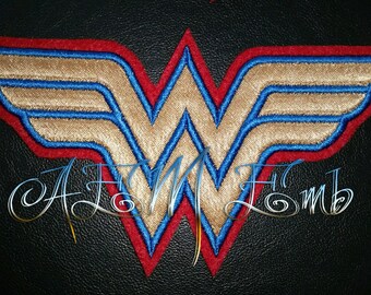 Sew On Wonder Woman Patch Gold with Blue Stitching and Red back ground
