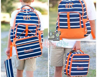 Navy and white stripe boys Personalized Backpack, Lunchbox, Pencil pouch, Preschool backpack, Monogrammed, School Age Backpack, orange