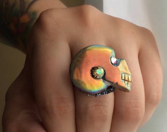 Aura Ammonite Skull & Swarvoski Statement adjustable ring