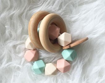 SUMMER SALE Wooden Teether Natural Toys Organic Toys Baby Teether Baby Toys Beautiful Toys Wooden Toy Wooden Rattle Baby Rattle Silicone Tee