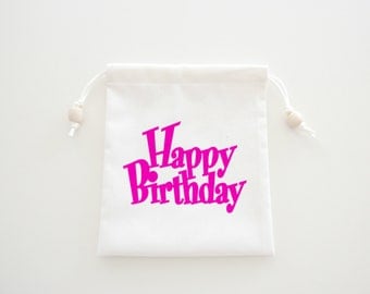 Birthday Iron On Fabric Letters, Happy Birthday Applique Design, DIY Birthday Gift Bag or Party Favors, Natural Muslin Bags