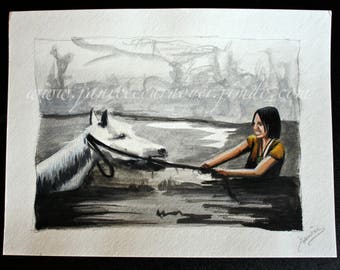 NEVERENDING STORY movie fanart ORIGINAL watercolor painting - 9X12'' (Atreyu & Artax in the swamp of sadness)