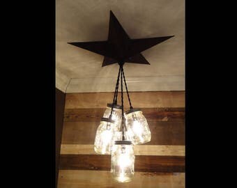 Mason Jar Chandelier Barn Star - Country Rustic Primitive Pendant Light - 5 Jars