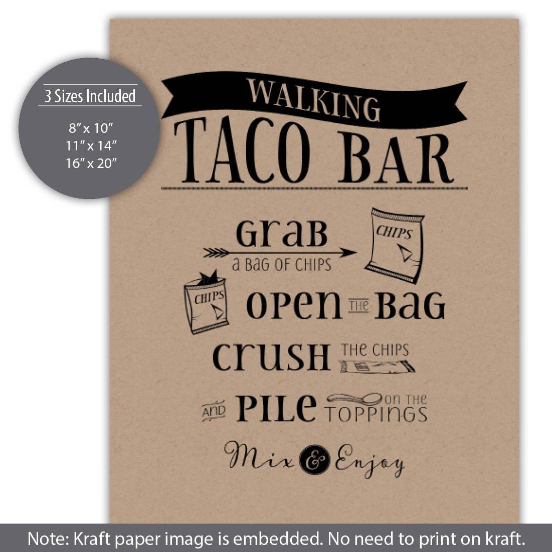 Walking Taco Bar Sign Printable 3 Sizes Kraft