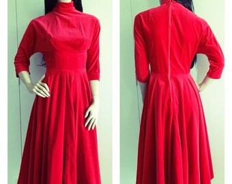 Vintage Red Velvet Dress - Winter Fashion - 80s - 50s - XXS Petite - FREE SHIPPING