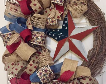 Americana Star Grapevine Wreath with Pip Berries; America Wreath; Patriotic Decor; Fourth of July Memorial Day Labor Day Decor Wreath