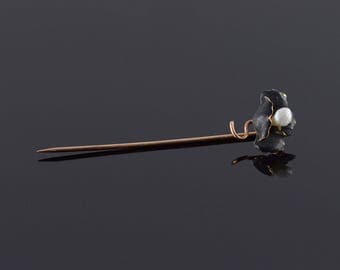 10k Black Enamel Pearl Flower Stick Pin Gold