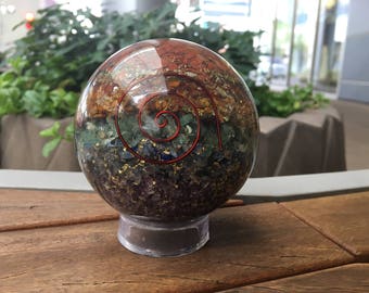 85mm Orgonite Sphere, Amethyst, Lapis Lazuli, Green Aventurine, Yellow Jasper, Carnelian, Red Jasper, Copper Wire, Gold Specks