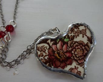 Broken china jewelry- broken china heart pendant necklace- red flower heart pendant necklace- vintage china necklace